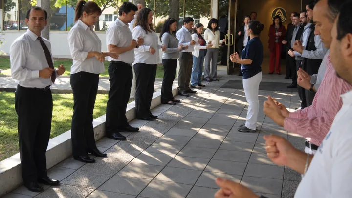 Grupo participa en una pausa guiada frente a las dependencias de una oficina