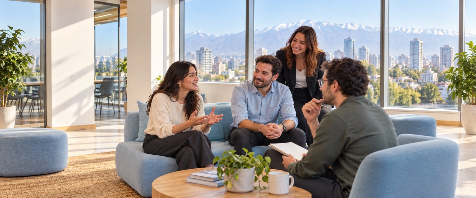 Equipo de trabajo conversa en una oficina luminosa durante una actividad de bienestar