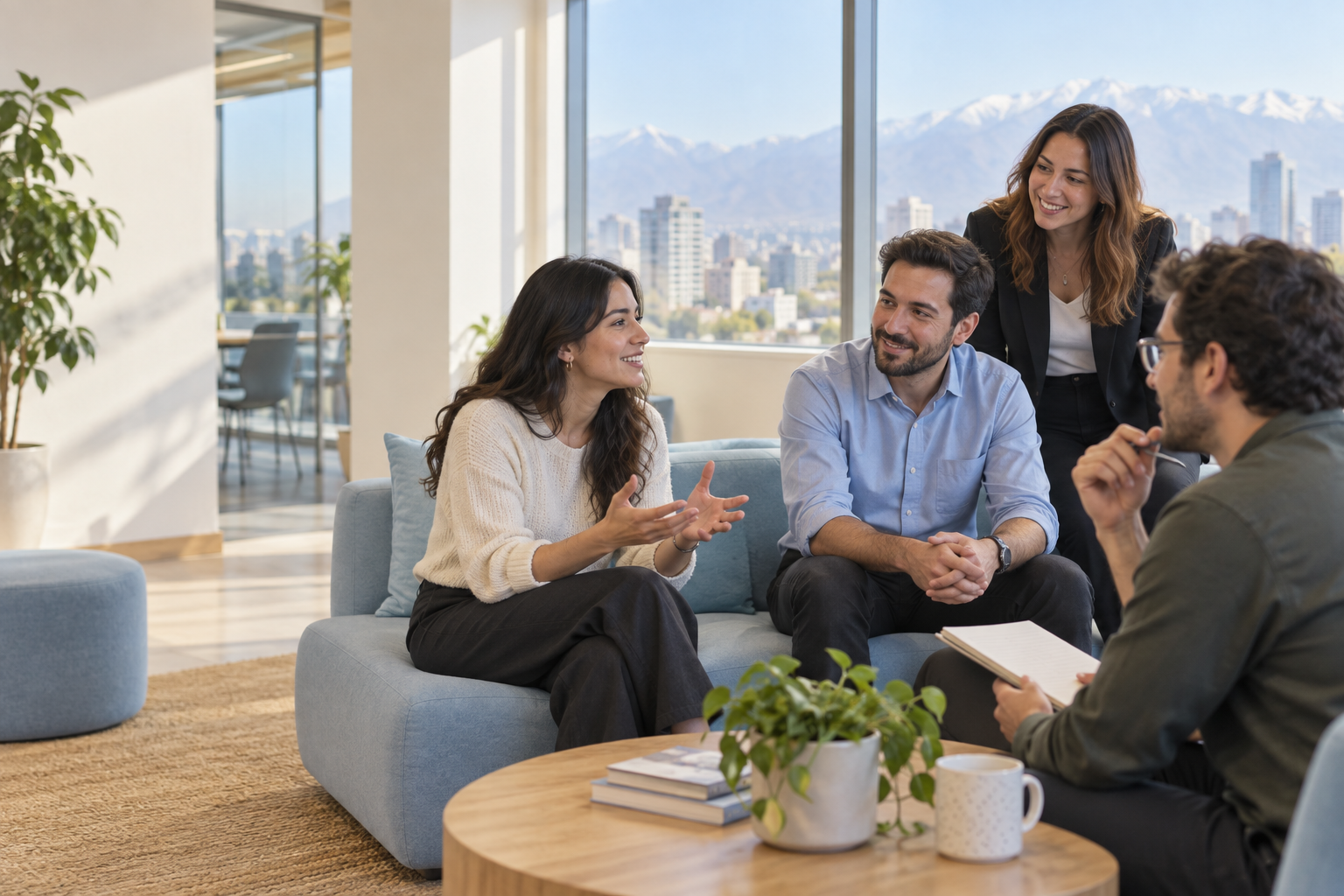 Equipo de trabajo conversa en una oficina luminosa durante una actividad de bienestar